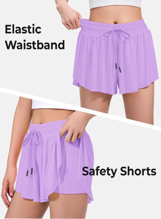 BOOPH Girls Flowy Butterfly Shorts Athletic Shorts Girls with Inner Pockets for Running Tennis Light Purple 13-14Y - Image 2